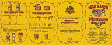 716167 Engelstalige prijslijst voor Van Rijn's mosterdpoeder, geproduceerd door de USMF Van Rijn & Co., [Nieuwe Kade ...